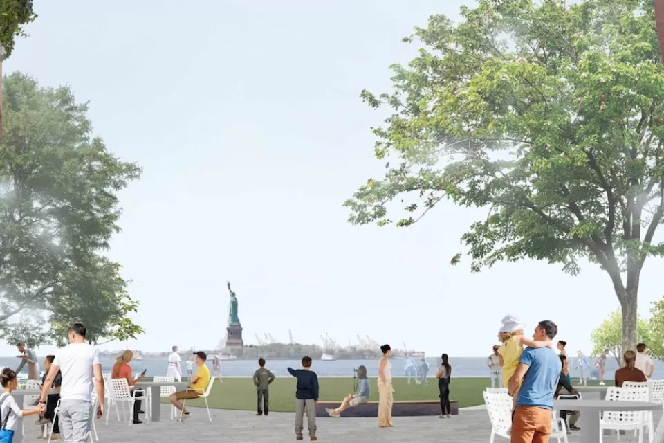 Rendering of pedestrian promenade in Battery Park City with Statue of Liberty visible in background.